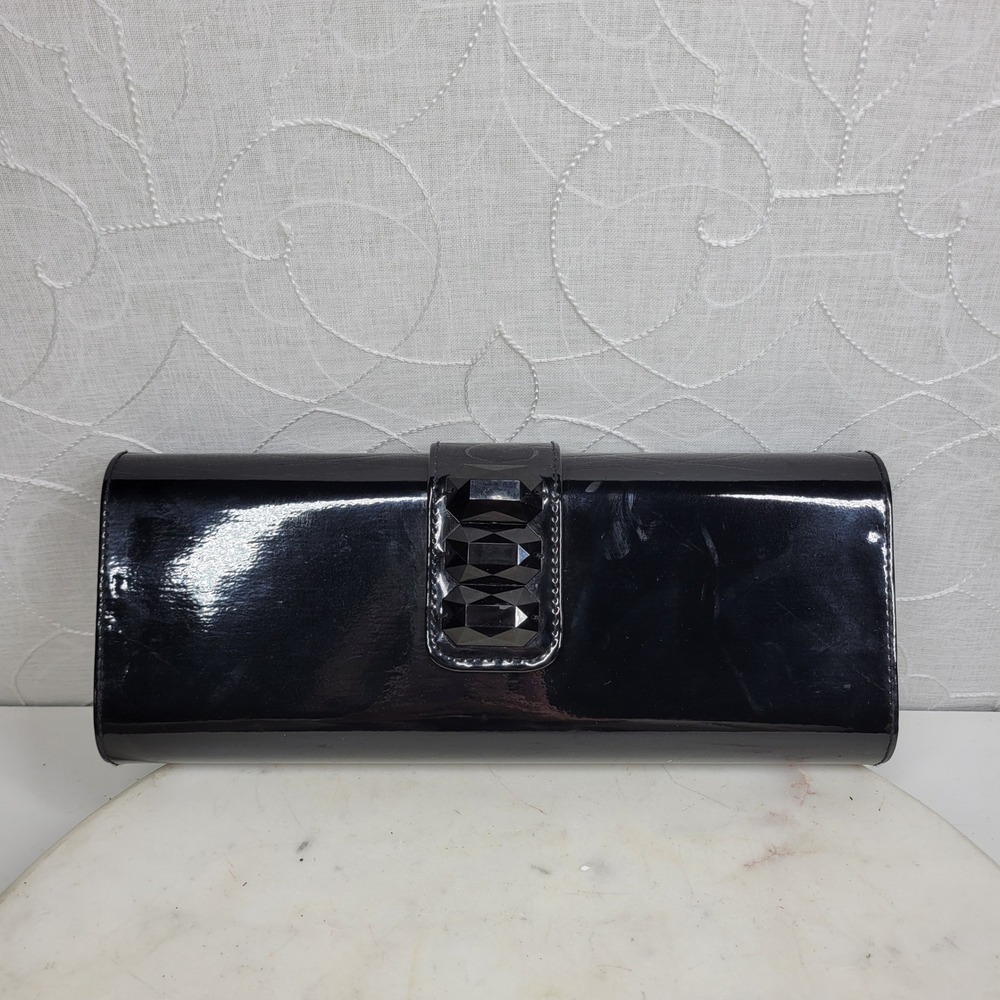 Lancome Patent Evening Clutch Bag Black Red Lining Jeweled Glam Cocktail Party